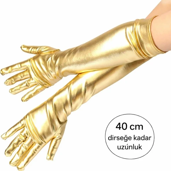 Altın Renk Dirsek Altı Lüks Saten Eldiven 40 Cm ürün görseli 1