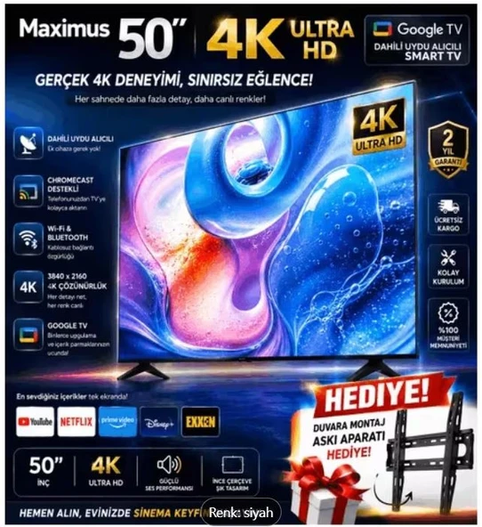 MAXIMUS 50" ANDROID LED TV + ASKI APARATI HEDİYESİ ürün görseli 1