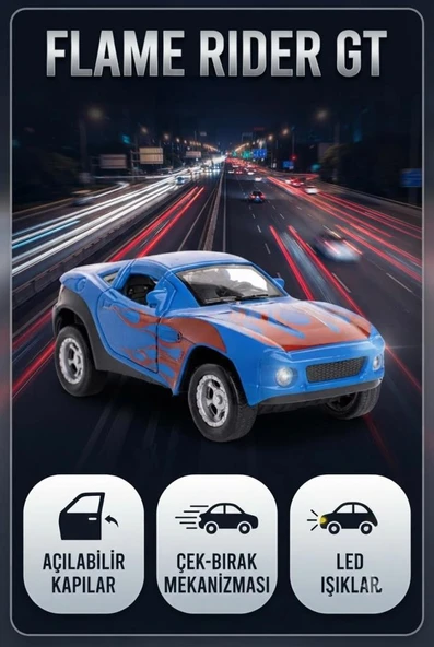 Flame Rider Mustang GT Mavi Araba 12 cm - Kapıları Açılan Led Işıklı Yarış Arabası ürün görseli 1