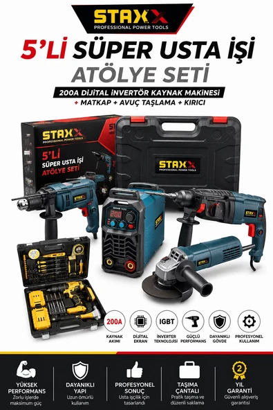 5'li Atölye Paketi | Kaynak Makinesi + Kırıcı Hilti + Avuç Taşlama + Darbeli Matkap + Akülü Matkap ürün görseli 1