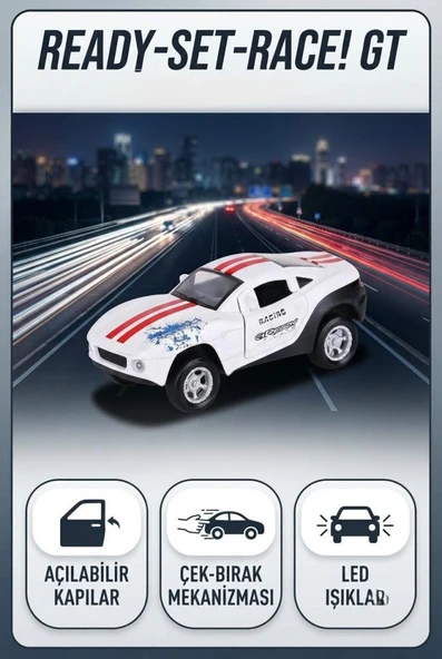 Mustang Spor GT Metal Yarış Arabası 12 cm -  Led Işıklı Yarış Modeli Kapıları Açılan Araba ürün görseli 1