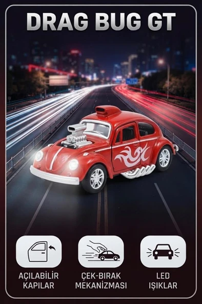 Volkswagen Beetle Drag Bug GT 12 CM Araba - Led Işıklı Kapıları Açılan Alev Desenli Araba ürün görseli 1