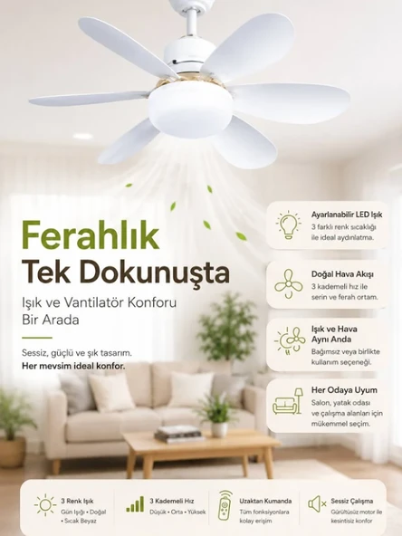 Mucit Home Kanatlı Tavan Vantilatörü Sessiz Çalışan Led Işıklı Uzaktan Kumandalı Lamba Işıklı Pervane ürün görseli 1