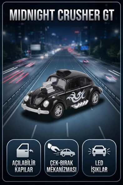 Volkswagen Beetle Midnight Crusher GT Araba 12 cm - Işıklı ve Kapıları Açılan Alev Desenli Araba ürün görseli 1
