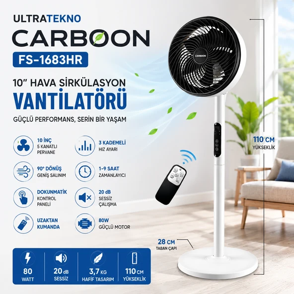 Ultratekno Carboon 10 İnç Hava Sirkülasyon Vantilatörü 80W Sessiz Çalışma Uzaktan Kumandalı Dokunmatik 9 Saat Zaman Ayarlı ürün görseli 1