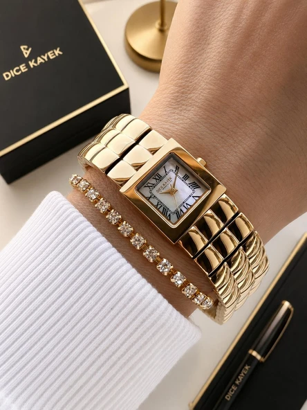 Dice Kayek Premium Vintage Kadın Kol Saati Gold Çelik Kordon 5 ATM Su Geçirmez Bileklik Hediyeli D20 ürün görseli 1