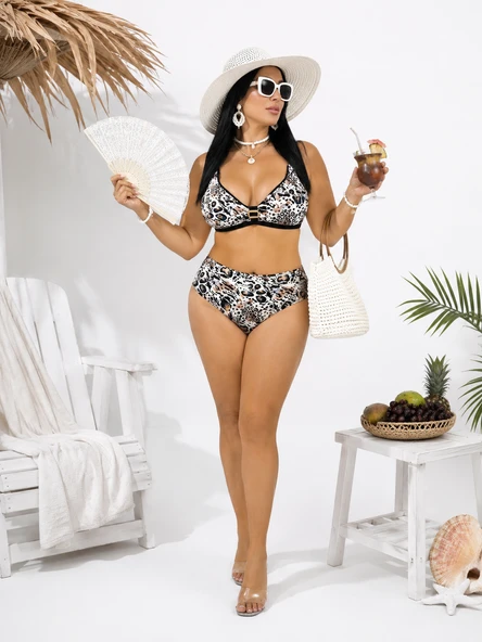 Büyük Beden Sabit Pedli Luplu Leopar Desenli Toparlayıcı Yüksek Bel Kadın Bikini Takım ürün görseli 1