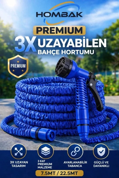 3X Uzayan Bahçe Hortumu 7.5-22.5 Metre Ayarlanabilir Tabancalı Premium Sulama Hortumu Mavi ürün görseli 1