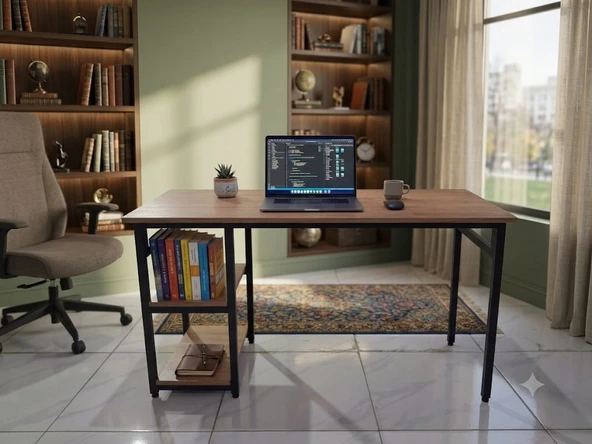 Çam/Siyah 140x60 Çalışma Masası, Bilgisayar Masası, Ofis Masası, Metal Ayaklı  2 RAFLI ürün görseli 1