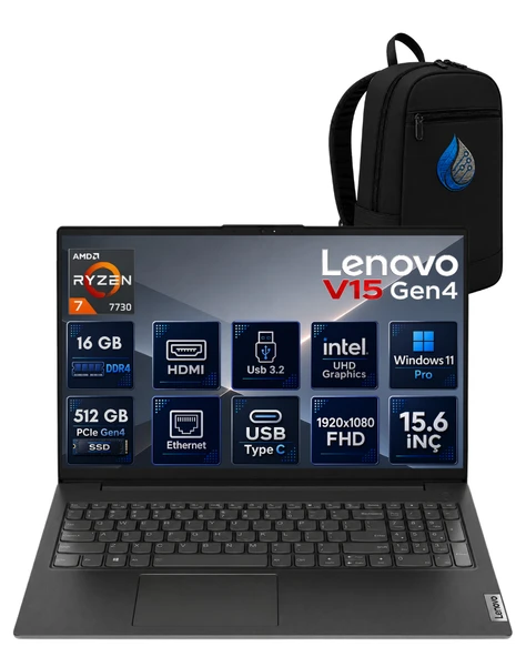 Lenovo V15 G4 IRU 82YY0013TRRNP01 AMD Ryzen 7 7730 16 GB DDR4 RAM 512 GB NVMe SSD AMD Radeon Graphics Windows 11 Pro 15.6" FHD (1920x1080) Notebook Laptop Bilgisayar + Çanta ürün görseli 1