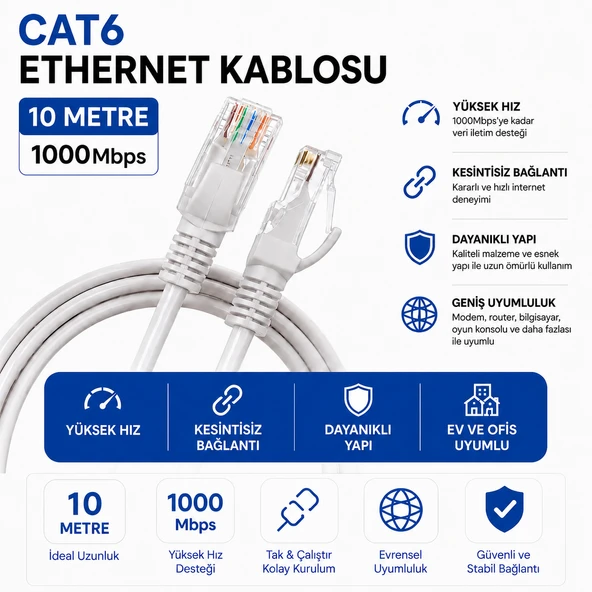 10 Metre CAT6 Fabrikasyon Ethernet Kablosu 1000 Mbps Gigabit LAN İnternet Kablosu RJ45 ürün görseli 1