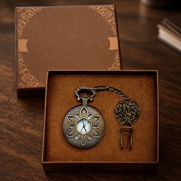 Geometrik Oymalı Tasarım - Köstekli Zincirli Cep Saati - Vintage Bronz ürün görseli 1