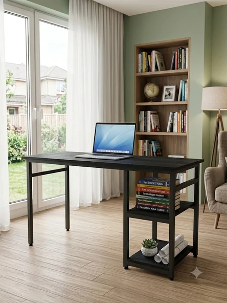 Siyah 140x60 Çalışma Masası, Bilgisayar Masası, Ofis Masası, Metal Ayaklı 2 RAFLI ürün görseli 1