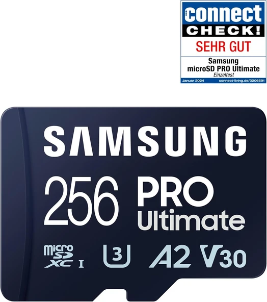 Samsung PRO Ultimate microSD kart + SD adaptörü, 256 GB, akıllı telefonlar, drone ve aksiyon kamerası, UHS-I U3, 200 MB/s okuma, 130 MB/s yazma, MB-MY256SA/WW ürün görseli 1