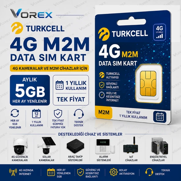 Turkcell 4G M2M Data SIM Kart 1 Yıllık Kullanım Aylık 5GB Kamera Alarm IoT Veri Hattı ürün görseli 1