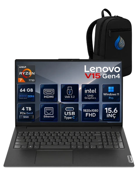 Lenovo V15 G4 IRU 82YY0013TRRNP24 AMD Ryzen 7 7730 64 GB DDR4 RAM 4 TB NVMe SSD AMD Radeon Graphics Windows 11 Pro 15.6" FHD (1920x1080) Notebook Laptop Bilgisayar + Çanta ürün görseli 1