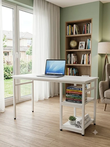 Beyaz 140x60 Çalışma Masası, Bilgisayar Masası, Ofis Masası, Metal Ayaklı 2 RAFLI ürün görseli 1