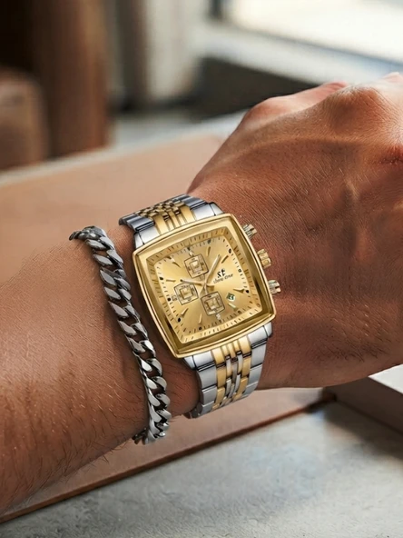 Erkek Takvimli Kol Saati Bileklik Hediyeli Çelik Kordon Gold Gümüş Kare Kasa Takvimli Analog Quartz Şık Klasik Spor Erkek Saati SWT15 ürün görseli 1
