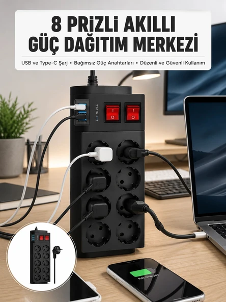 2 Metre Güçlü Çoklu Priz 8 Soket Yeni Nesil ürün görseli 1