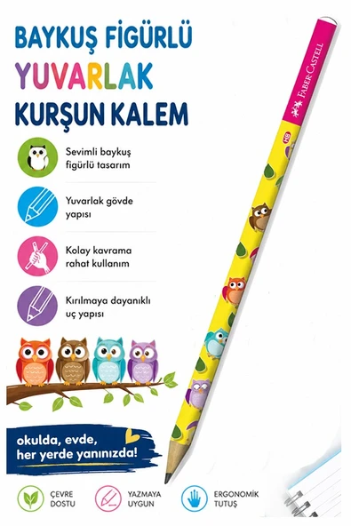 Baykuş Kurşun Kalem 1 Adet Faber Castell Yuvarlak Gövdeli Siyah Kurşun Kalem Yumuşak Yazım Kolay Tutuş Kaliteli Okul ürün görseli 1
