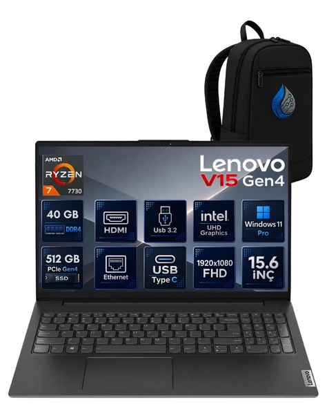 Lenovo V15 G4 IRU 82YY0013TRRNP13 AMD Ryzen 7 7730 40 GB DDR4 RAM 512 GB NVMe SSD AMD Radeon Graphics Windows 11 Pro 15.6" FHD (1920x1080) Notebook Laptop Bilgisayar + Çanta ürün görseli 1