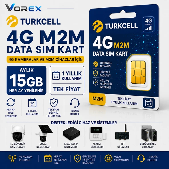 Turkcell 4G M2M SIM Kart Aylık 15GB 1 Yıllık Data Paketi Güvenlik Kamerası LTE İnternet Hattı ürün görseli 1