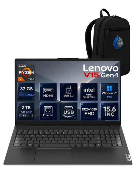 Lenovo V15 G4 IRU 82YY0013TRRNP11 AMD Ryzen 7 7730 32 GB DDR4 RAM 2 TB NVMe SSD AMD Radeon Graphics Windows 11 Pro 15.6" FHD (1920x1080) Notebook Laptop Bilgisayar + Çanta ürün görseli 1