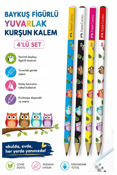 Baykuş Kurşun Kalem 4 Adet Faber Castell Yuvarlak Gövdeli Siyah Kurşun Kalem Yumuşak Yazım Kolay Tutuş Kaliteli Okul ürün görseli 1