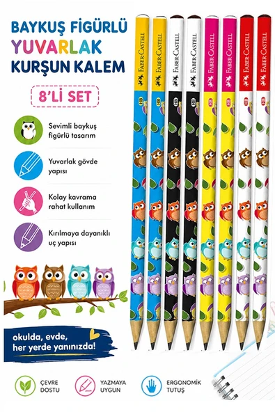 Baykuş Kurşun Kalem 8 Adet Faber Castell Yuvarlak Gövdeli Siyah Kurşun Kalem Yumuşak Yazım Kolay Tutuş Kaliteli Okul ürün görseli 1