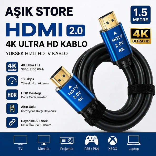 HDMI 2.0 Kablo 1.5 Metre 4K Ultra HD 18Gbps Altın Uçlu HDR Destekli TV Monitör PS5 Xbox Laptop Uyumlu ürün görseli 1