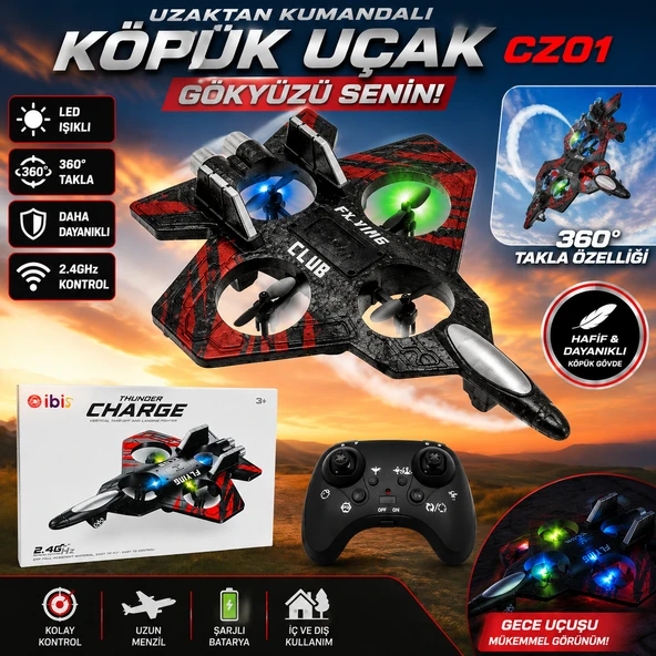 Uzaktan Kumandalı Köpük Uçak 25 cm CZ01 LED Işıklı RC Drone Uçak 2.4GHz Şarjlı  Takla Özellikli ürün görseli 1
