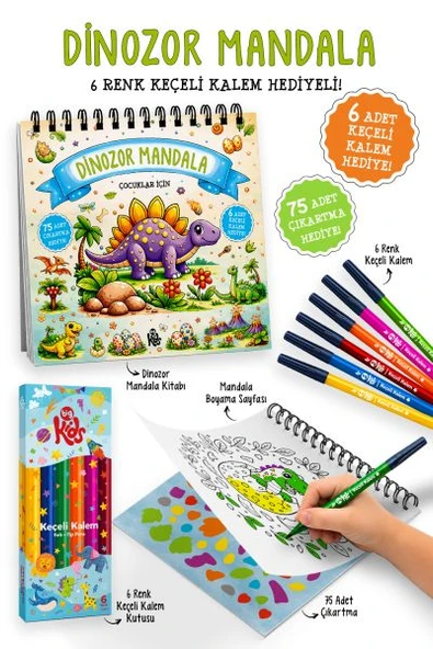 Dinozor Mandala - 6 Renk Keçeli Kalem ve 75 Adet Çıkartma Hediyeli 3+ ürün görseli 1