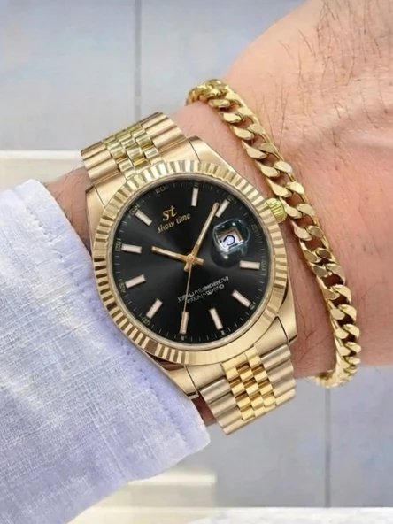 Takvimli Erkek Kol Saati Gold Çelik Kordon  Kasa | Bileklik Hediyeli Analog Quartz Saat SWT17 ürün görseli 1