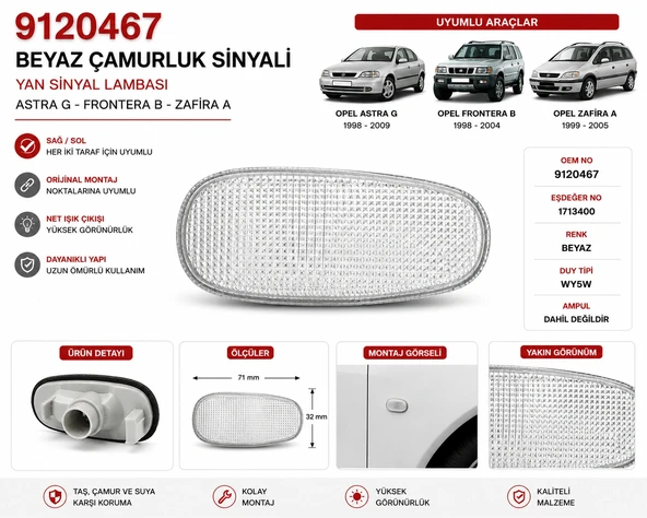 9120467 Opel Astra G Frontera B Beyaz Çamurluk Sinyali Yan Sinyal Lambası ürün görseli 1
