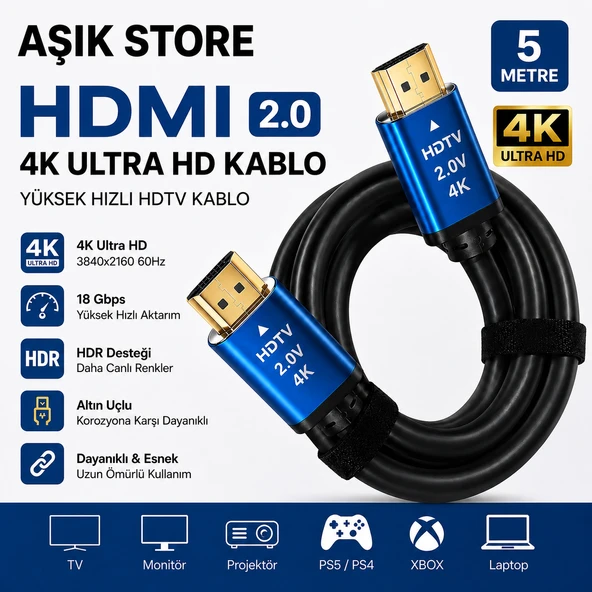 HDMI 2.0 Kablo 5 Metre 4K Ultra HD 18Gbps Altın Uçlu HDR Destekli TV Monitör PS5 Xbox Laptop Uyumlu ürün görseli 1