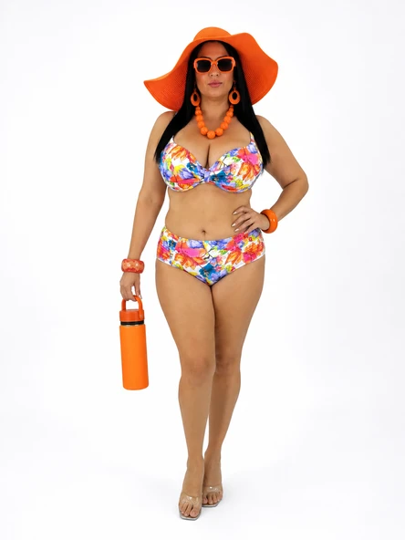 Büyük Beden Kaplı Telli Canlı Çiçek Desenli Orta Bağlantılı Tasarım Ayarlanabilir Askılı Kadın Bikini Takım ürün görseli 1