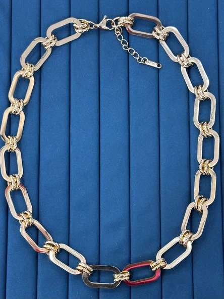 ? Premium Gümüş - Gold Renk Parlak ve Şık Büyük Halkalı 316lL Çelik Unisex Zincir Kolye (45cm) ürün görseli 1