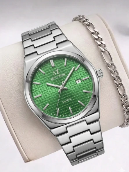 Erkek Kol Saati Takvimli Yeşil Kadran Çelik Kordon Bileklik Hediyeli Klasik Lüks Şık Quartz Analog Erkek Saati Günlük ve Klasik Kombin SWT18 ürün görseli 1
