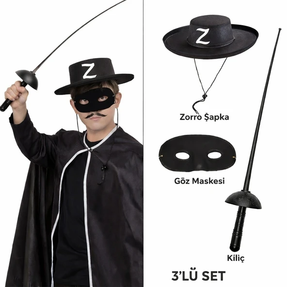 Zorro Kostüm Seti 3’lü Çocuk – Şapka, Maske ve ürün görseli 1