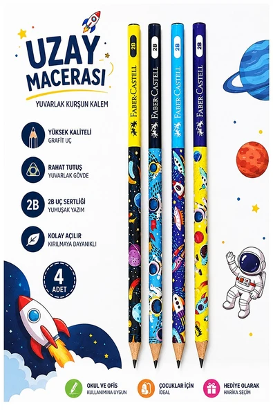 Uzay Macerası Kurşun Kalem 4 Adet Faber Castell Yuvarlak Gövdeli Siyah Kurşun Kalem Yumuşak Yazım Kolay Tutuş Kaliteli Okul ürün görseli 1