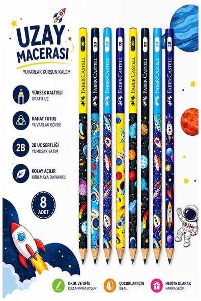 Uzay Macerası Kurşun Kalem 8 Adet Faber Castell Yuvarlak Gövdeli Siyah Kurşun Kalem Yumuşak Yazım Kolay Tutuş Kaliteli ürün görseli 1