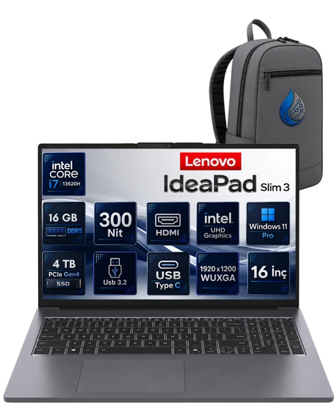 Lenovo IdeaPad Slim 3 16IRH10 ıntel Core i7-13620H 16 GB DDR5 RAM 4 TB NVMe SSD Intel UHD Graphics Windows 11 Pro 16" WUXGA IPS (1920×1200) Notebook Dizüstü Bilgisayar 83K2001WTRRNP08 + ÇANTA ürün görseli 1