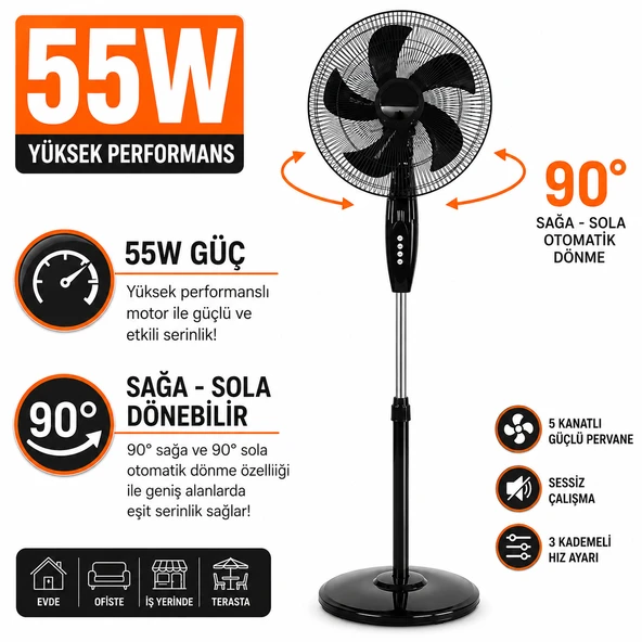 Sunday MERKÜR 55 WATT Ayaklı Vantilatör 16'' Siyah Renk ürün görseli 1