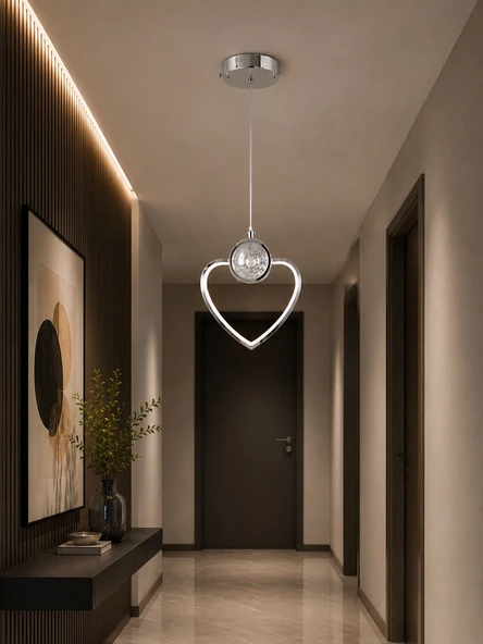 TEKLİ KALP 3 RENK MODLU KRİSTAL TAŞLI KROM LEDLİ SARKIT AVİZE ürün görseli 1