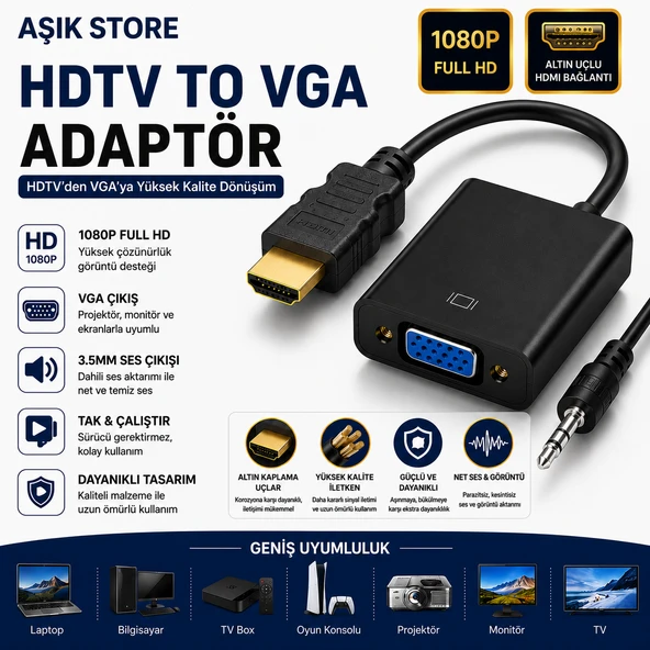 HDMI to VGA Adaptör 1080P Full HD Altın Uçlu 3.5mm Ses Çıkışlı HDMI Erkek VGA Dişi Dönüştürücü Laptop Monitör Projeksiyon TV Bilgisayar ürün görseli 1