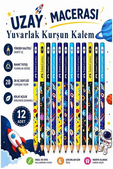 Uzay Macerası Kurşun Kalem 12 Adet Faber Castell Yuvarlak Gövdeli Siyah Kurşun Kalem Yumuşak Yazım Kolay Tutuş Kaliteli Okul ürün görseli 1