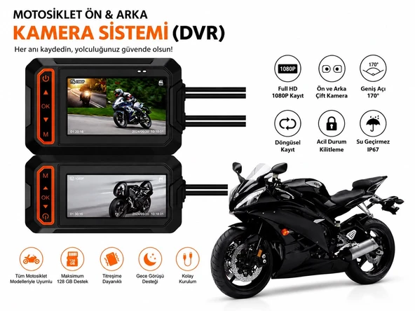 M5F AKSİYON KAMERASI MOTORSİKLET ÖN VE ARKA KAMERA SİSTEMİ 170 DERECE GENİŞ LENS FULL HD 1080P KAYIT 3.0 İNÇ EKRAN ürün görseli 1