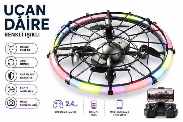 M18 UFO DRON 4 EKSENLİ UÇAN ARAÇ DAİRE RENKLİ IŞIKLI 2.4 GHZ UZAKTAN KUMANDA ürün görseli 1