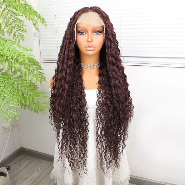 Afro Dalga Kahve Fiber Sentetik Tül Peruk ürün görseli 1