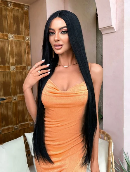 Siyah Ekstra Uzun Boy Tül Peruk - Resim 5